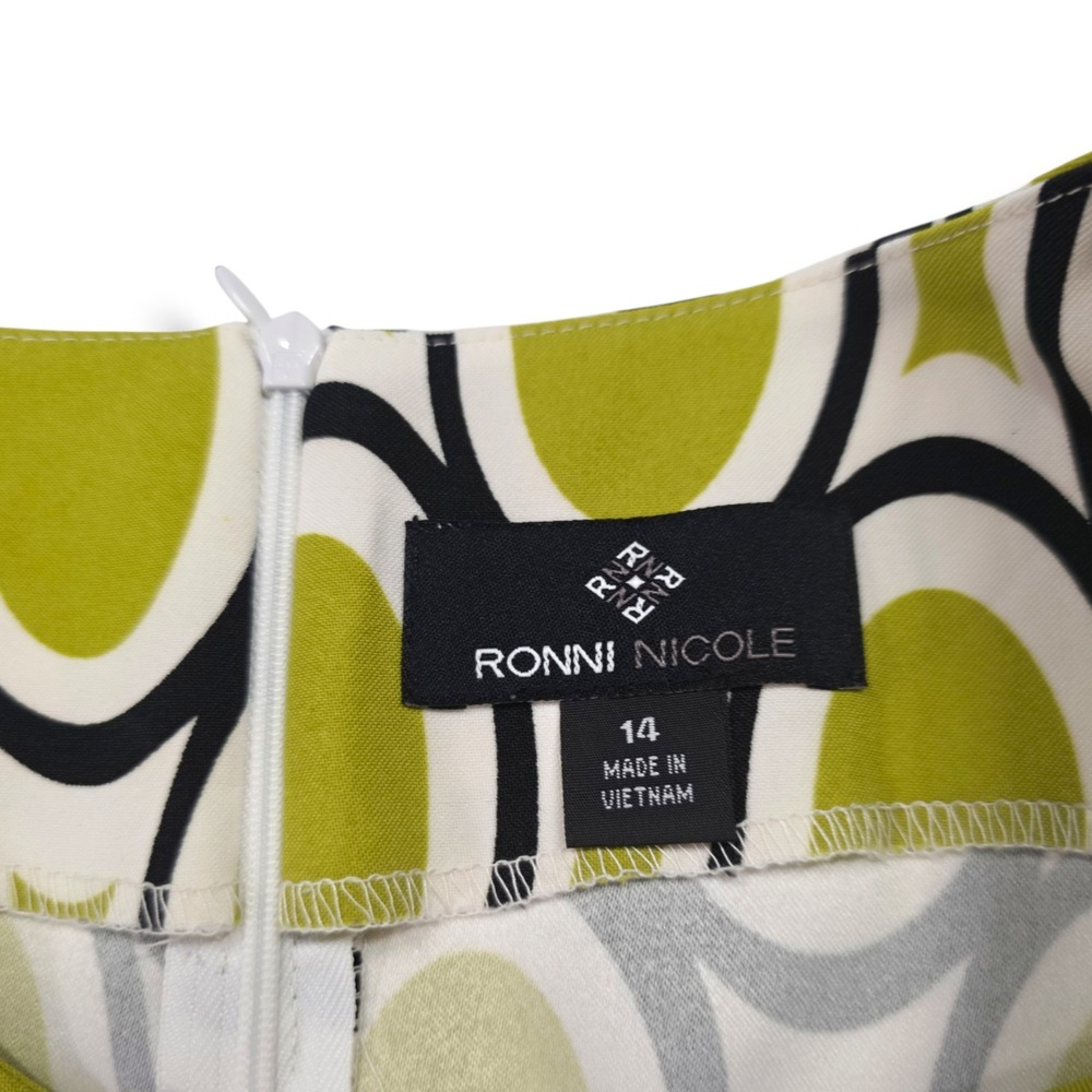 Ronni Nicole Geometric Print Sheath Dress Lime Green Black White Retro Glam 14 - Picture 5 of 9